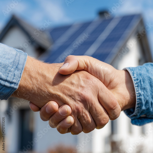 Close-up handshake between homeowner and contractor in front of blurred solar panels