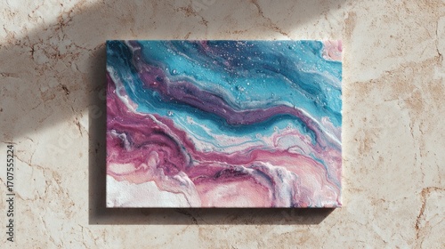 Abstract painting on canvas with blue and pink colors on a marble surface creating a unique and textured artwork
