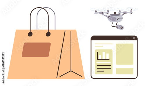 Shopping bag, delivery quadcopter, and analytical dashboard highlighting modern commerce. Ideal for e-commerce, logistics, digital transformation, automation, analytics delivery online shopping