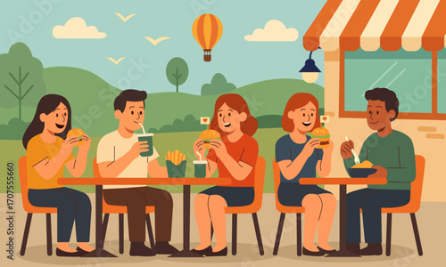 A cheerful group of friends eating burgers, fries, and soda at an outdoor café terrace on a summer day. Flat vector design with social lifestyle and casual dining atmosphere.