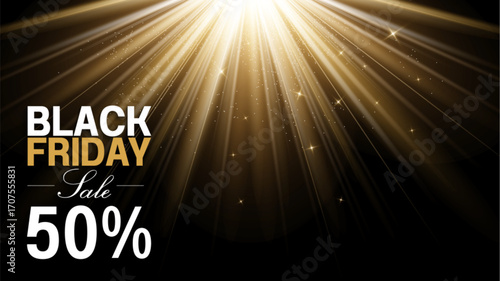 Black Friday sale 50 percent off banner with golden light shining on black background, social media template for marketing, department store promotion, luxury night style poster, not AI generated