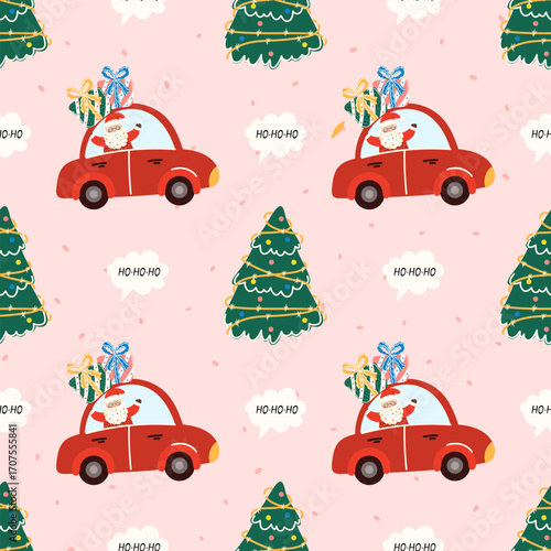 Vector Seamless Christmas pattern with decorated trees, and festive cars. Perfect for wrapping paper, textiles, wallpapers, and holiday projects