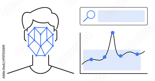 Head profile with facial recognition grid, graph with data points and search bar element. Ideal for AI research, facial recognition, security systems, data analysis, technology, biometrics, simple