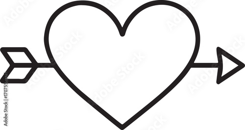 Heart with arrow through it outline art, romantic decorative vector design for love and passion.