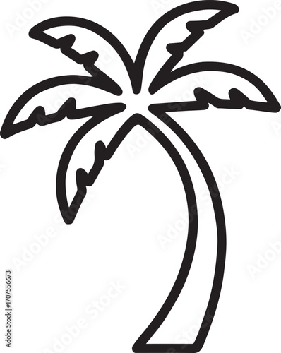 Single palm tree silhouette outline art, tropical decorative vector design for summer themes.