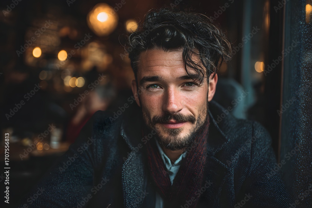 Fototapeta premium Sideburns on a fashionable man in a warm cozy cafe with vivid surroundings full frame.