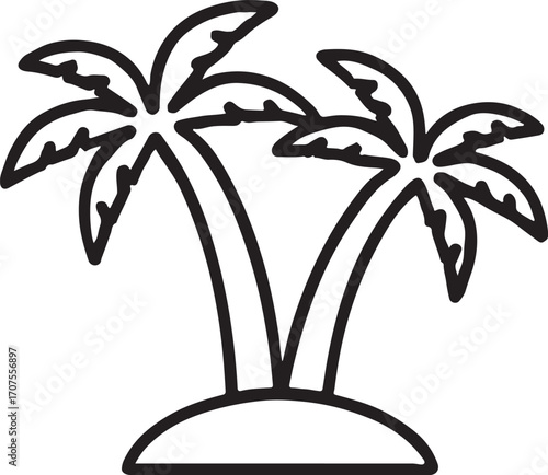 Double palm trees on small island outline art, tropical decorative vector design for vacation themes.