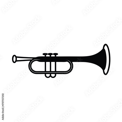 A bold black silhouette of a trumpet on a clean white background
