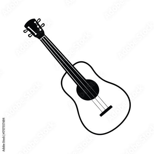 Simple black silhouette of a ukulele on a clean white background