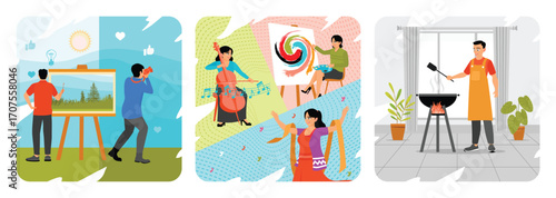 Artist and Photographer. Music, Painting, and Dance. Man Cooking on a Barbecue Grill.