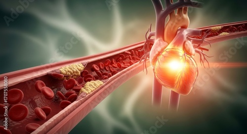 Illustration of a human heart with blood cells and plaque in a blood vessel