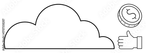 Cloud shape, dollar coin, and thumbs-up symbolizing cloud services, financial opportunity, success. Ideal for finance, technology, growth, online services startups data storage simple landing page