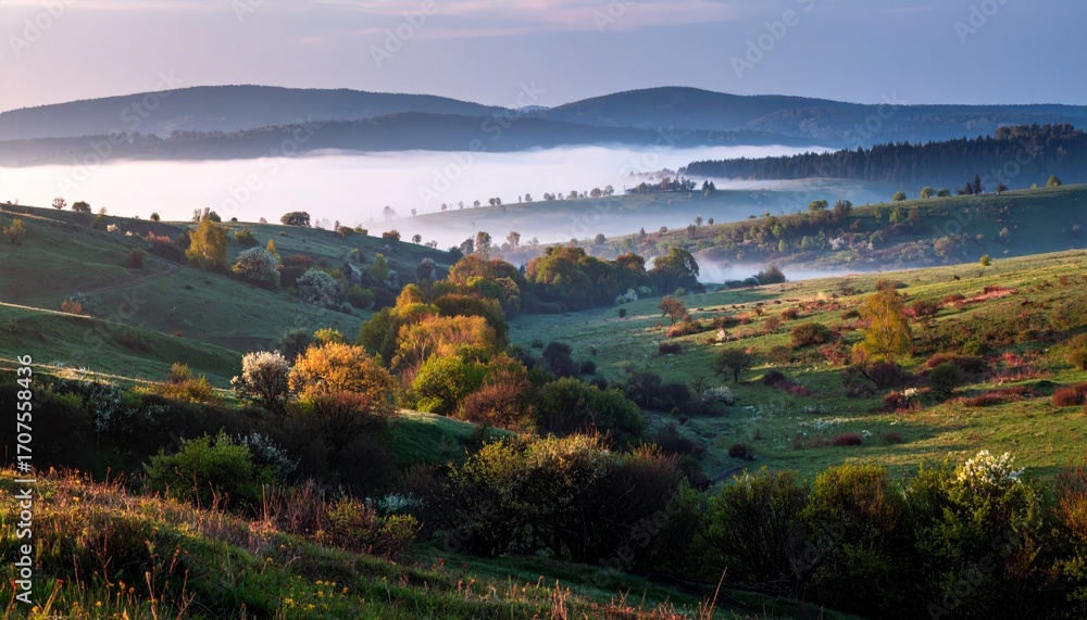 Obraz premium spring landscape with some fog in golden morning light