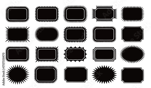 Set of black frames with spiky edges and various shapes for adding text or design elements