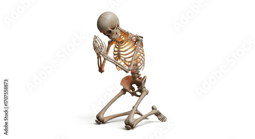 Skeletal Figure Kneeling in Prayer, Anatomy Study on Isolated Background