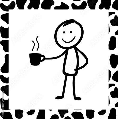 Happy stick figure enjoying a warm cup of coffee, radiating comfort and simple joy.