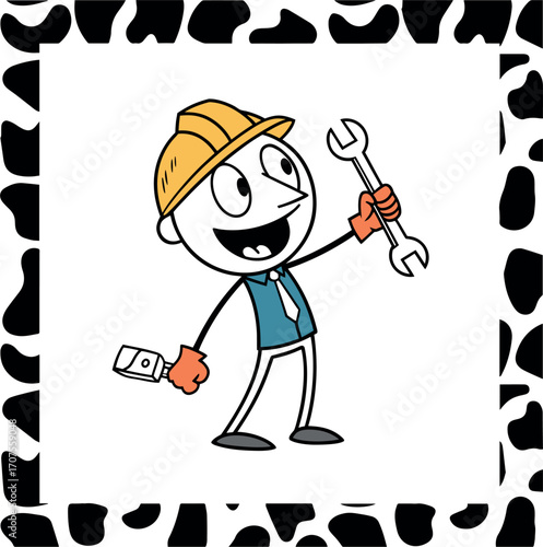 Happy cartoon worker in hard hat holding wrench and tool, ready for construction or repair tasks.