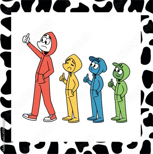 Diverse group shows varied emotions while giving thumbs up, conveying acceptance and disagreement subtly
