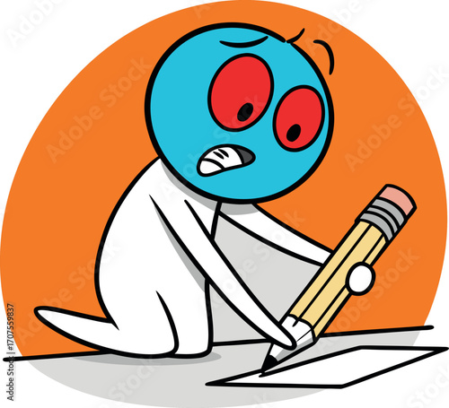 Frustrated stick figure struggles with writing or drawing, experiencing creative block or difficulty