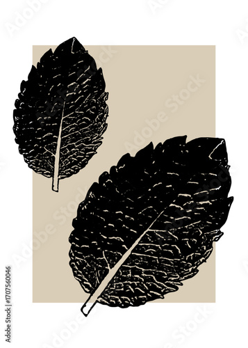Mint leaf silhouette illustration in bold black on beige background for botanical artwork, floral wallpaper, and herbal aesthetic prints. Perfect for posters, branding, packaging, and invitations.