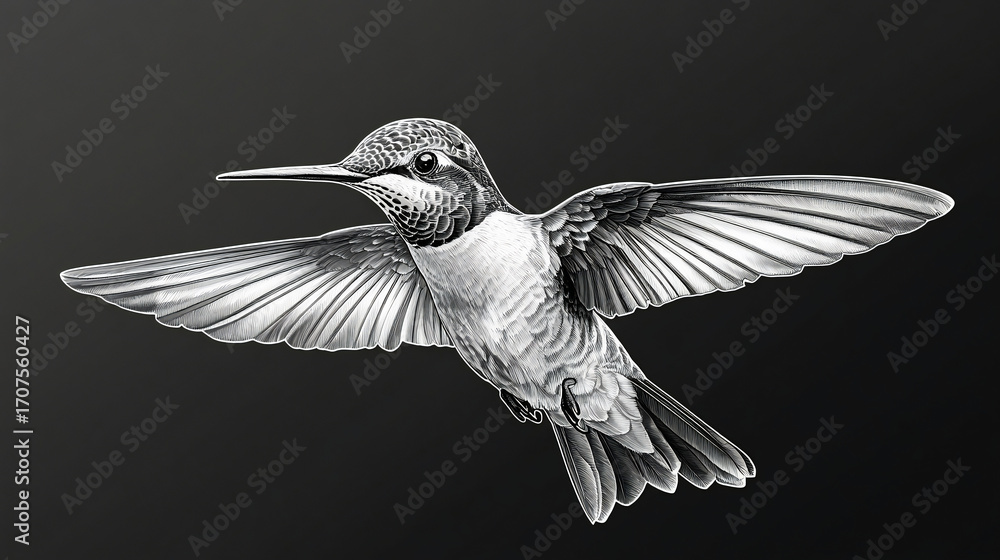 Obraz premium Hummingbird in mid-flight, showcasing its intricate feather patterns and graceful movement sketch engraving generative ai vector illustration. Scratch board imitation. Black and white image