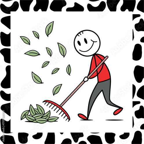 Joyful stick figure rakes fallen leaves in a vibrant autumn scene, symbolizing seasonal change and outdoor activity.
