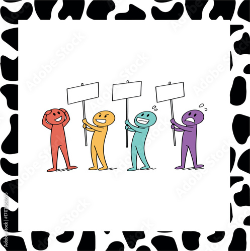 Diverse stick figures express emotions while holding blank signs for protests or events
