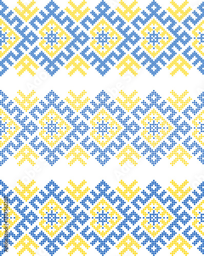 Ukrainian ethnic ornament vector, yellow and blue cross-stitch seamless pattern, traditional vyshyvanka embroidery, folk art border for print, fabric, clothing, website, banner, background