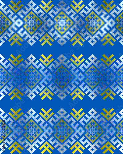 Ukrainian ethnic ornament vector, yellow and blue cross-stitch seamless pattern, traditional vyshyvanka embroidery, folk art border for print, fabric, clothing, website, banner, background
