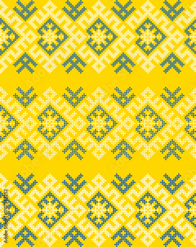 Ukrainian ethnic ornament vector, yellow and blue cross-stitch seamless pattern, traditional vyshyvanka embroidery, folk art border for print, fabric, clothing, website, banner, background