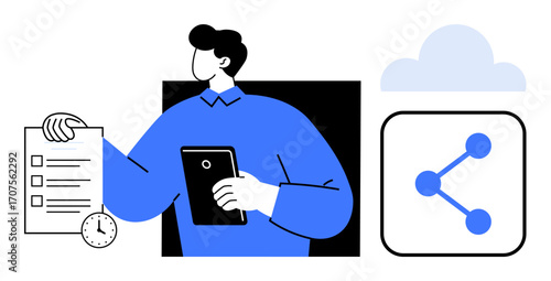 Man holding tablet reviews checklist with clock. Share icon and cloud emphasize organization. Ideal for productivity, time management, remote work, collaboration, technology, efficiency, simple