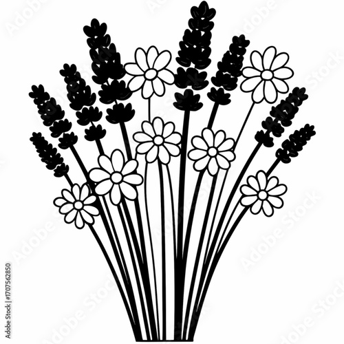 Minimilist black and white vector illustration of a bouquet with daisies and lavender flower arrangements design vector