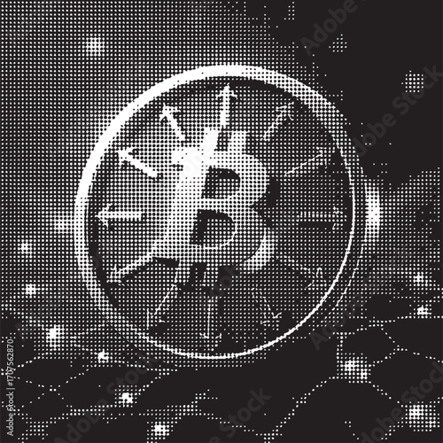 Bitcoin Halftone Vector Illustration. Crypto Currency Symbol with Arrow Growth. Modern Defi Web3 Investing. Digital Asset, Decentralized Finance. Blockchain Monochrome Pop Art Currency Icon Design