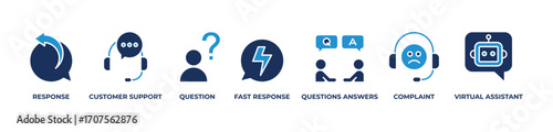 Customer Support Solutions Icons set vector illustration blue with Response, Customer support, Question, Fast response, Questions answers, Complaint, Virtual assistant