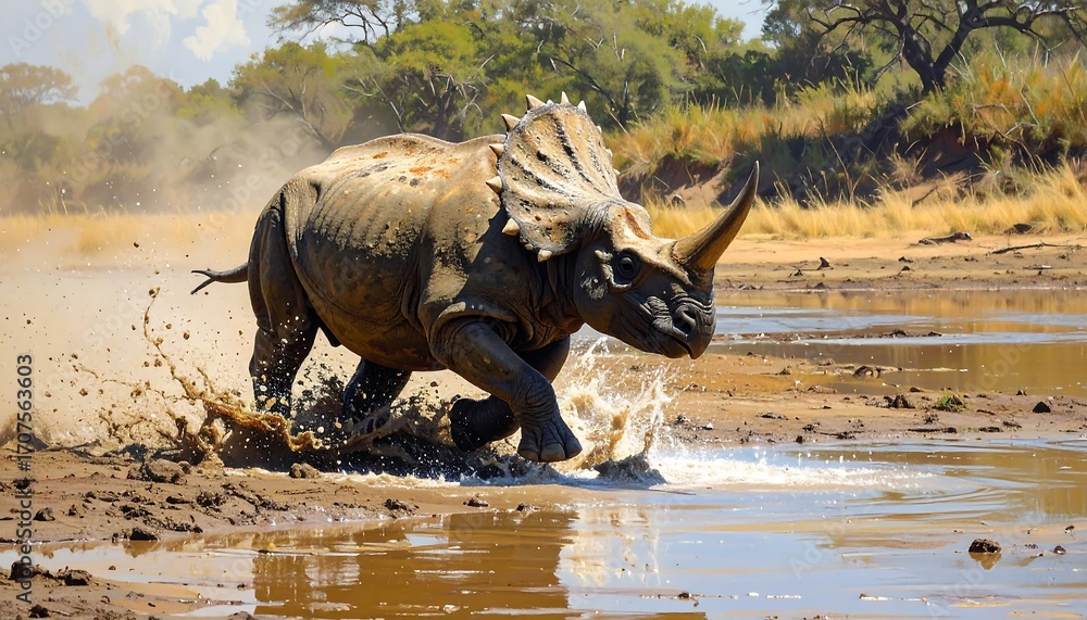 Fototapeta premium A large, prehistoric-looking quadruped runs through shallow water, splashing muddy droplets into the air. Dry grasses and trees form the background, with a blue sky and light