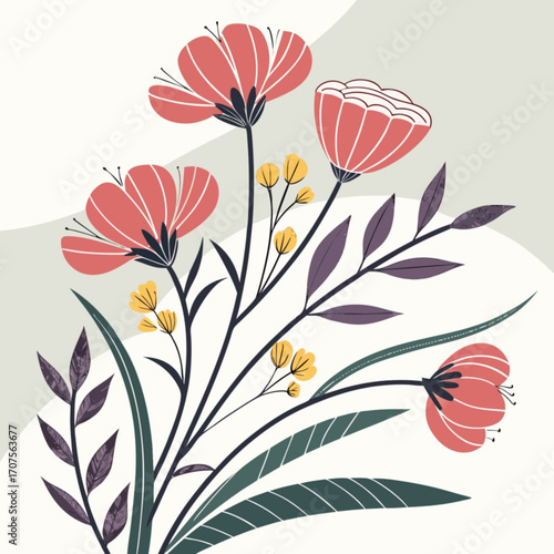 Minimilist arrangement of stylized coral flowers with yellow buds and purple leaves on a light background art vector
