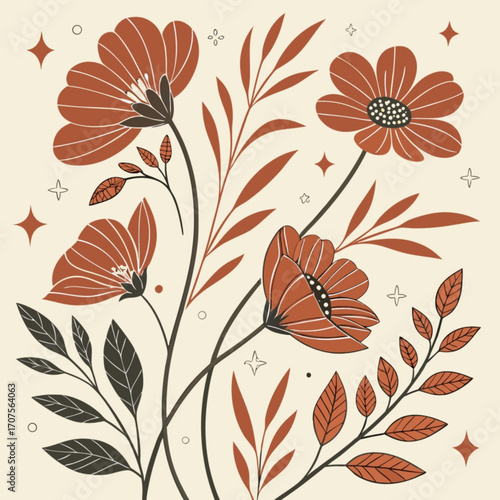 Minimilist illustration of a floral arrangement with flowers leaves and star shapes on a light beige background vector