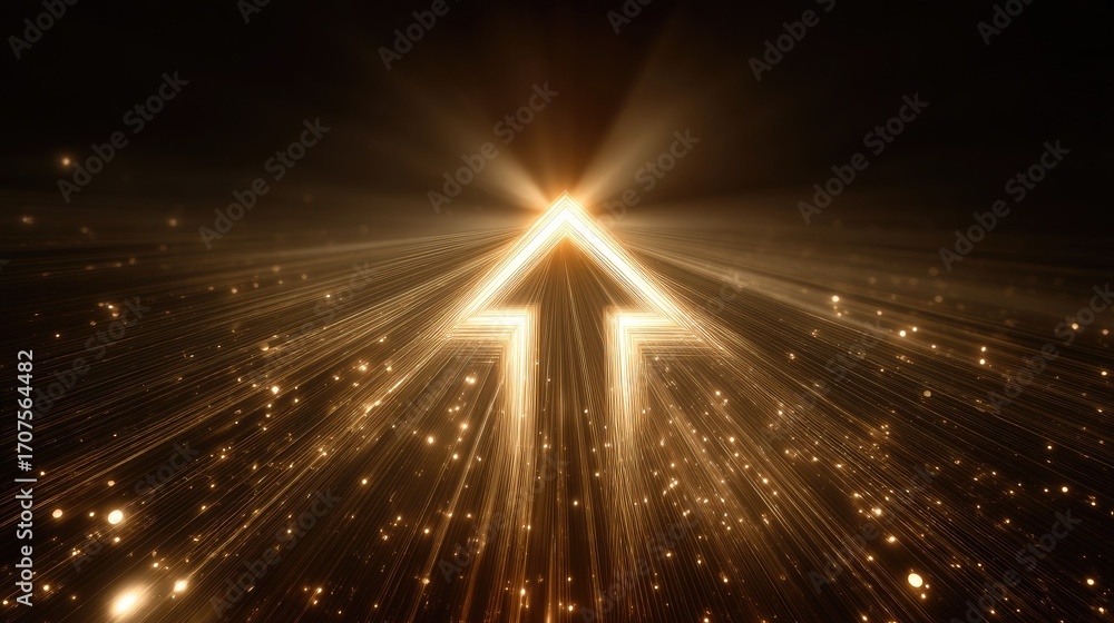 Obraz premium Radiant Golden Arrow with Light Rays and Sparkles in Dark Background