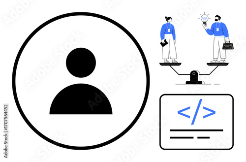 Person icon in circle, two individuals on a scale representing creativity and work, signs of coding. Ideal for teamwork, design process, coding, balance, innovation, productivity simple flat