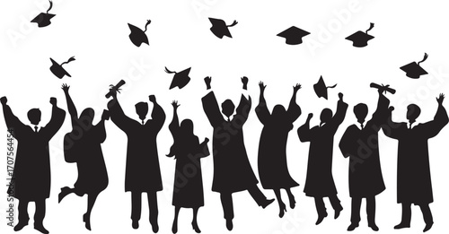 Graduation caps and gowns tossed in celebration tossing