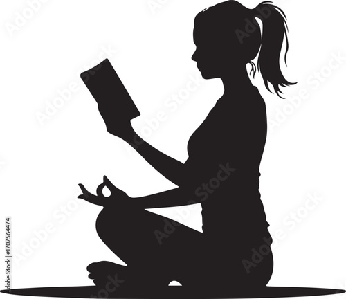 Black silhouette of woman meditating and reading a book