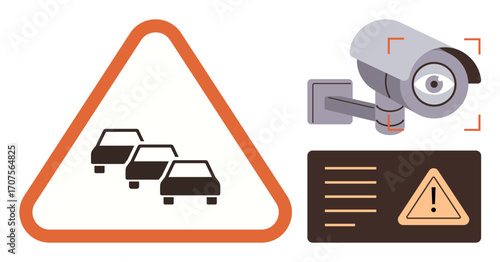 Traffic congestion sign, wall-mounted surveillance camera, and warning notice emphasize safety, monitoring, and traffic management. Ideal for transportation, surveillance, safety, warning control