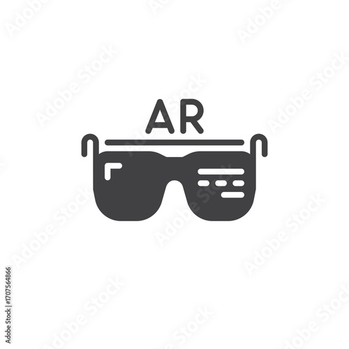 Solid glyph icon of AR glasses with display overlay. This vector icon symbol represents augmented reality, wearable technology, and device sign uses.