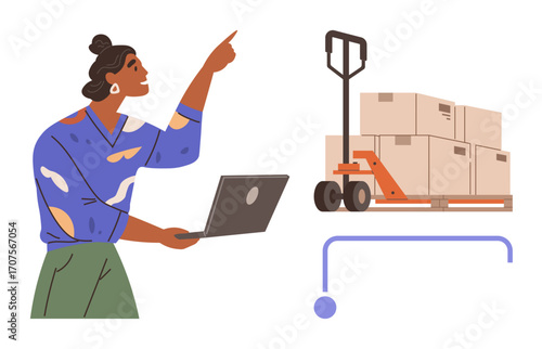 Woman holding a laptop points toward stacked boxes on a pallet jack. Ideal for logistics, inventory, shipping, warehouse management, supply chain, technology integration, teamwork. Simple flat