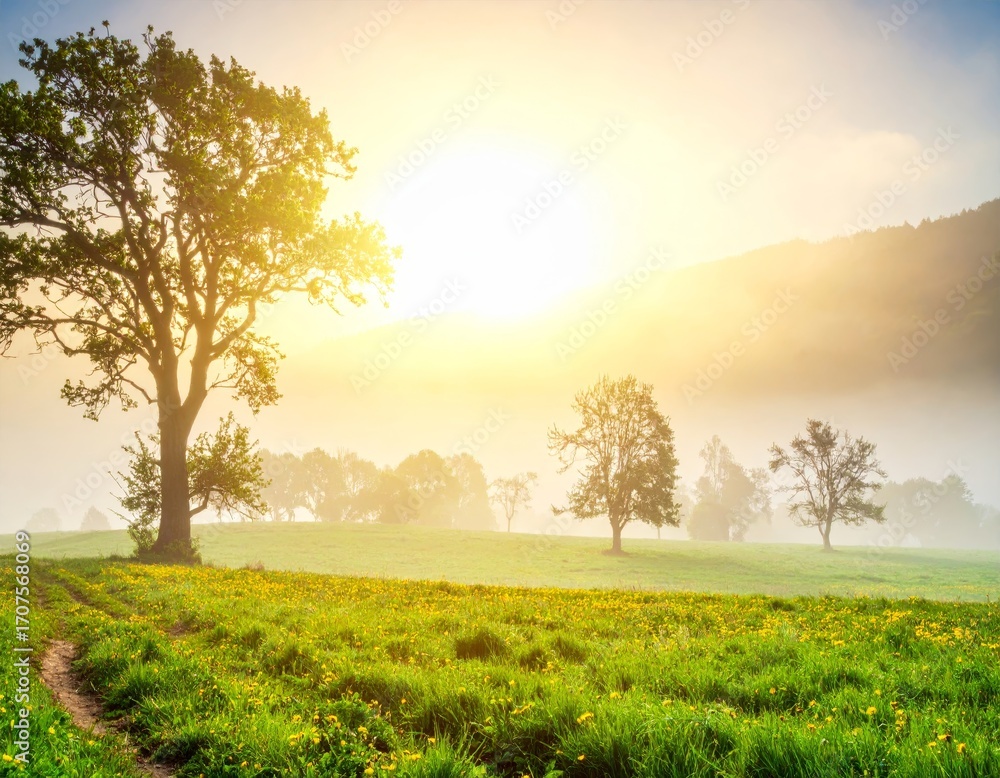 Fototapeta premium spring landscape with some fog in golden morning light