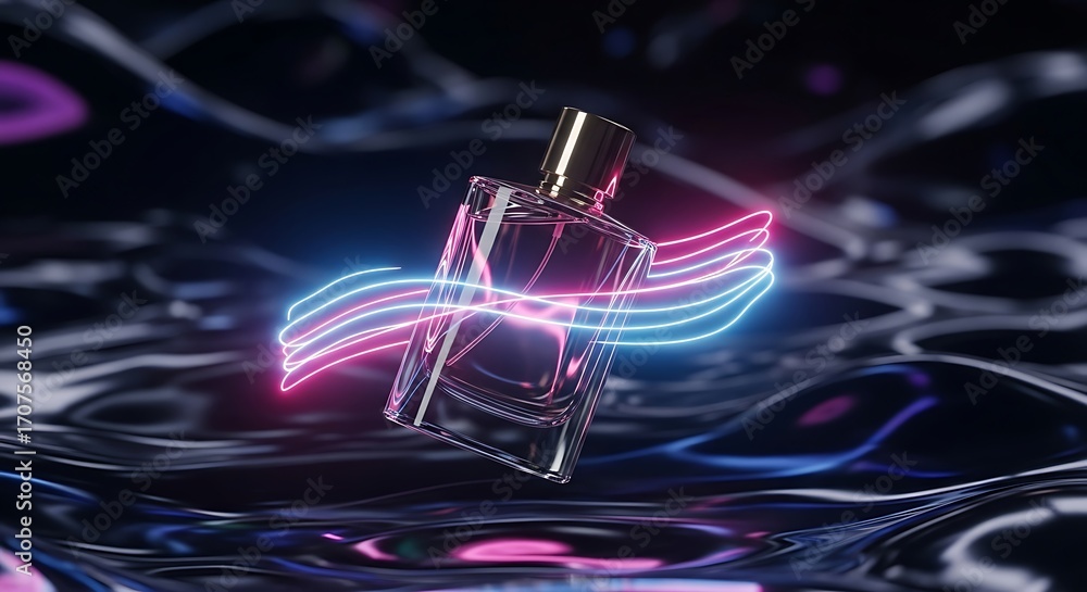 Fototapeta premium Rectangular perfume bottle with a gold cap surrounded by glowing pink and blue waves