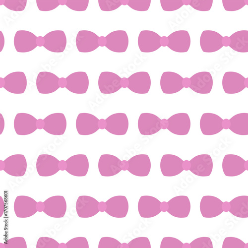Pink bow. Horizontally arranged bows. Continuous vector pattern. Seamless ornament of cute bow ties. Isolated colorless background. Flat style. Idea for web design.