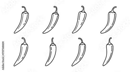 Collection of eight hand drawn chili pepper silhouettes in a simple sketch style