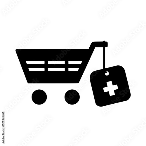 Retail shopping cart with price tag and medical cross icon vector for health product marketing theme