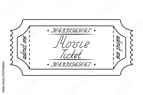 Movie ticket admit one. Sketch. Handwritten cursive lettering with capital letter. Vector illustration. Tear-off ticket with number. Outline on isolated white background. Doodle style. Coloring book.
